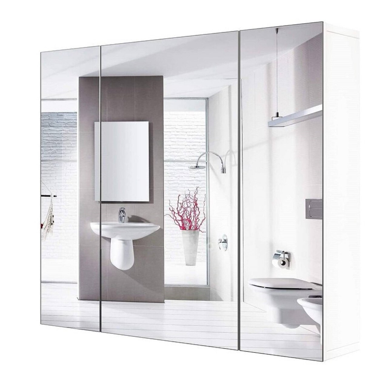 White 3-Door Wall-Mounted Medicine Cabinet with Adjustable Shelves Mirror Storage Cabinet, Moisture-Resistant